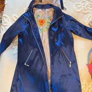 Mycra Pac Designer Wear Shiny Navy Blue Trench with Embroidered Lining